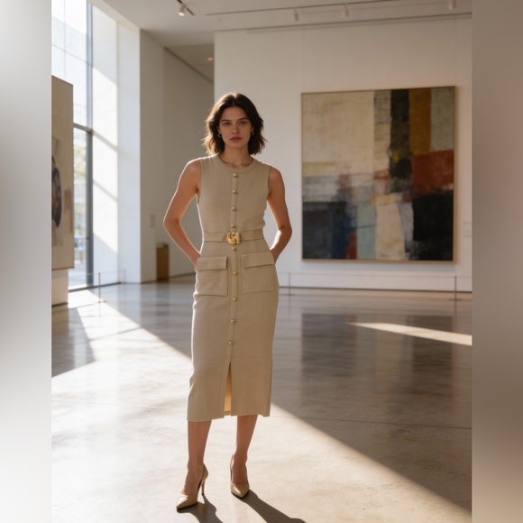 Dresses & Skirts - Elegant Sleeveless Crewneck Belted Knit Midi Dress in Khaki